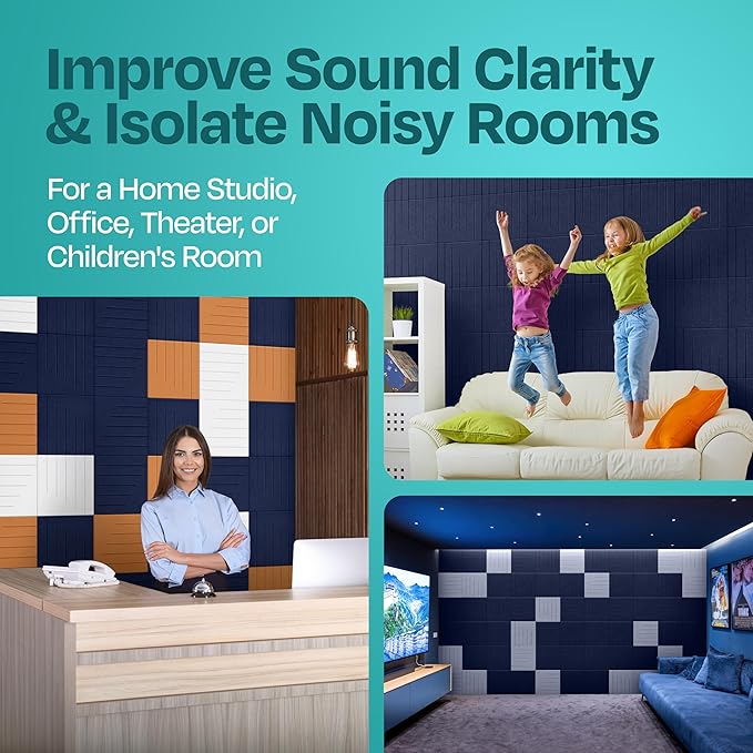 Acoustic Panels 12-Pack Soundproof Wall Panels 12"x12"x0.4" Decorative Sound Dampening for Your Home, Office, Studio, Bedroom & More with Unique LineWave Carving [Denim Blue]