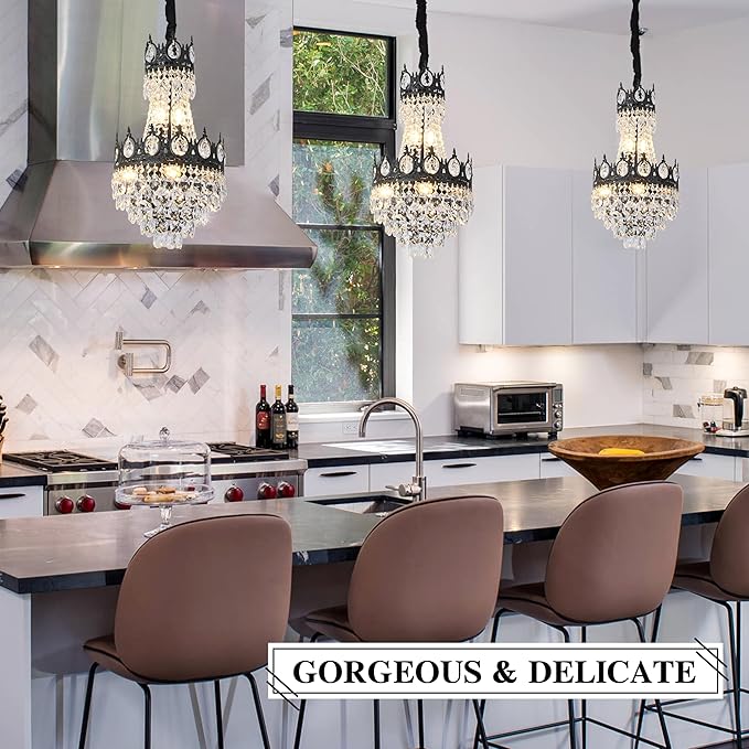 KoKo&Yukina Chandelier, 12'' Black French Empire Light Fixture, 6-Light K9 Crystal, Adjustable Hanging, for Hallway Entryway Kitchen Foyer