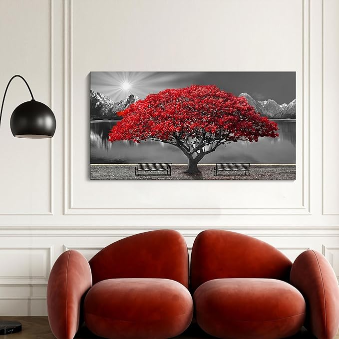 Mofutinpo Black and White Red Tree Wall Art Canvas Print Picture Large Red Tree Landscape Modern Artwork for Living Room Bedroom Office Home Wall Decoration Decor With Frame 20x40in