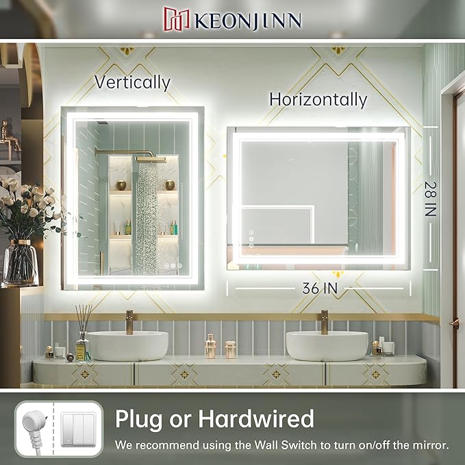 Keonjinn LED Bathroom Mirror with Light, 28x36 in Frontlit and Backlit, Stepless 3 Colors Temperature & Dimmable Wall Mirror, UL Listed LED Driver, Double LED Strips, Tempered Glass LED Vanity Mirror