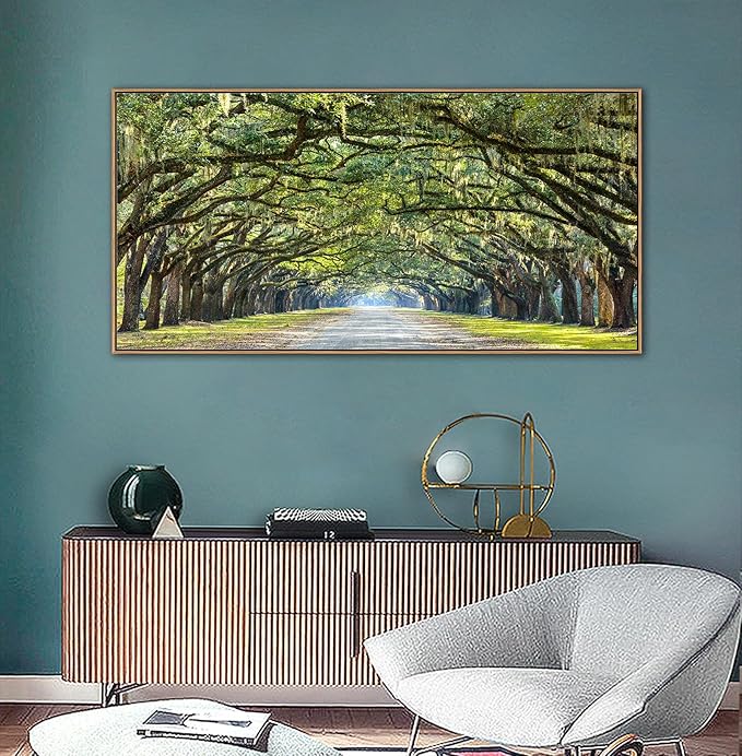 arteWOODS Framed Canvas Wall Art - Green Forest Canvas Pictures Oak Trees Covered Lane Art Print Green Nature Landscape Artwork Oak Trees Lined Road at Georgia Home Decor 29" x 58"