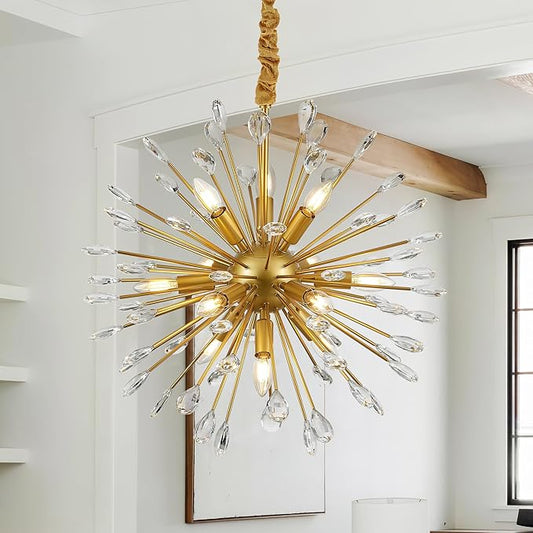 12-Light Gold Sputnik Chandeliers, 24" Starburst Firework Pendant Light fixtures, Mid-Century Modern Satellite Ceiling Lights for Dining Room, Kitchen, Bedroom, Living Room, E12