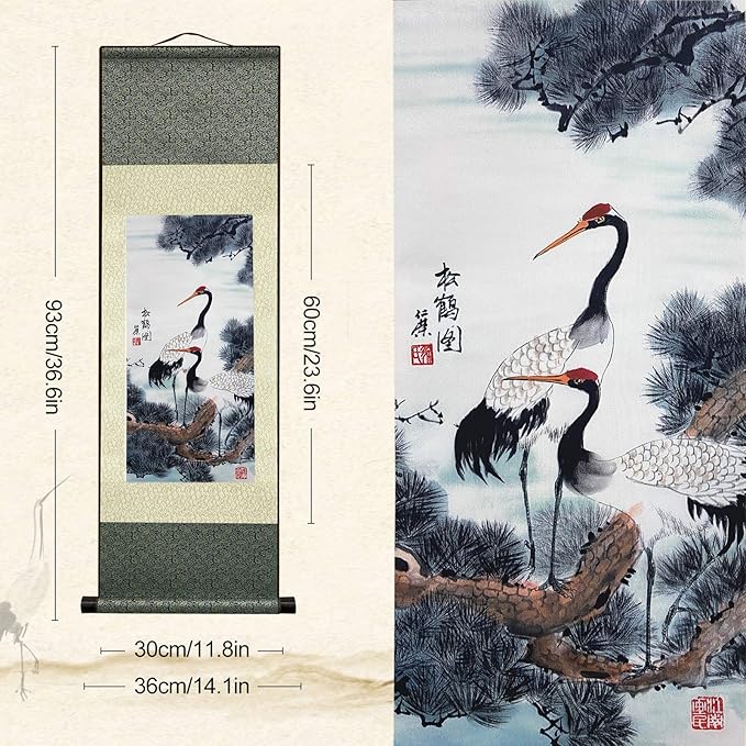 AtfArt Asian Wall Silk Scrolls Decor Beautiful Painting White Crane - Red Crowned Crane - Grus Japonensis Oriental Decor Chinese Art Wall Scroll Wall Hanging Painting Scroll (36.2x 12 in)