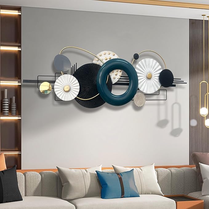 Modern Abstract Metal Wall Art, Large 59x 21 Inches Wall Sculptures, Geometric Circles Design Wall Decor, Blue Black White, Wall Decors for Living Room Bathroom Bedroom Dining Room