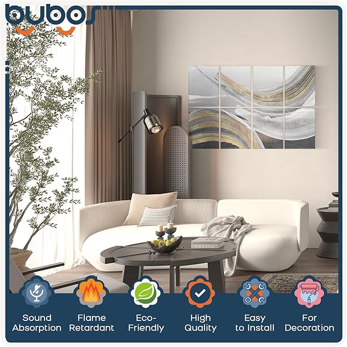 BUBOS 8 Pack Art Acoustic Panels Soundproof Wall Panel,47.2X31.4 Inches Sound Absorbing Panel,Self-Adhesive Decorative Acoustical Wall Panels, Acoustic Treatment for Ceiling Home Office（Feather）