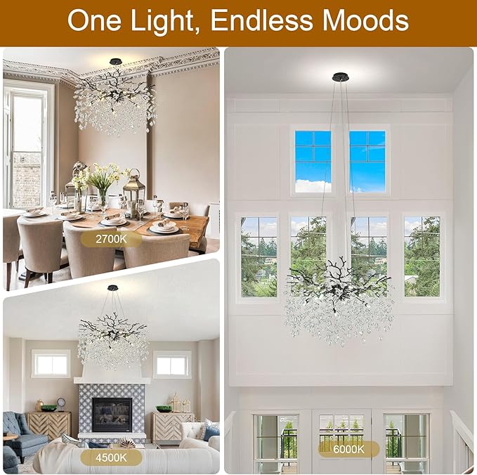 Modern Farmhouse Chandeliers for Dining Room, 24" Black Crystal Chandelier Round Tree Branch Chandelier 8-Light Dining Room Light Fixture Adjustable Antique Vintage Chandelier for Living Room