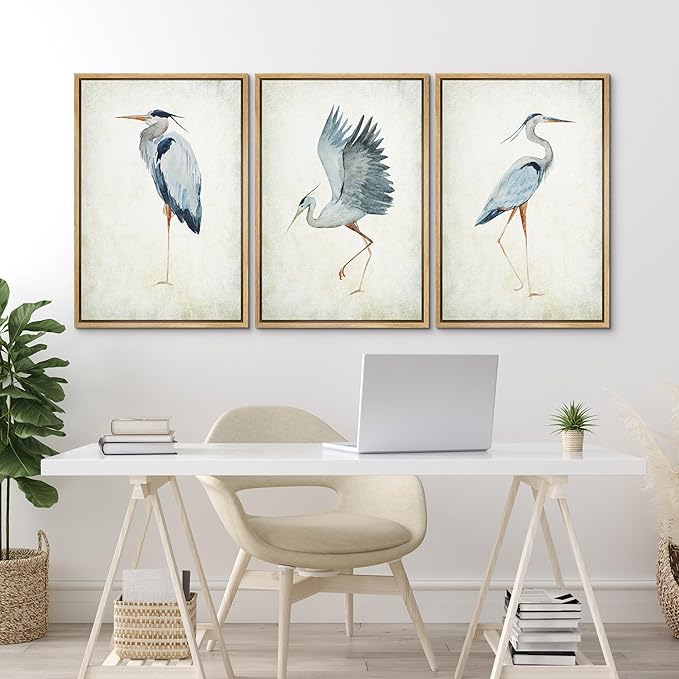 MUDECOR Framed Canvas Print Wall Art Heron Bird Wild Animal Prints Minimalist Modern Art Boho Relax Cozy Decor for Bedroom - 24"x36"x3 Natural