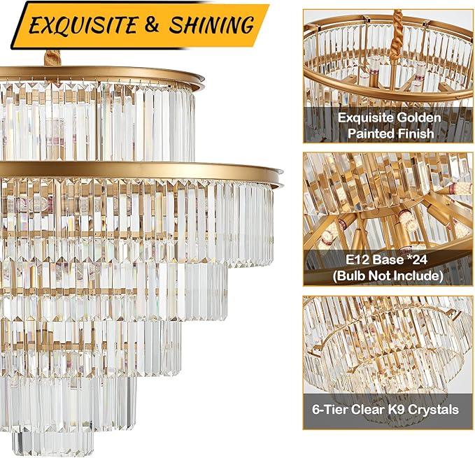 35" 24-Light Modern Crystal Chandelier Light Fixture Large 6-Tier Gold Luxury Chandeliers for Dining Room Round Hanging Pendant Lighting for Living Room Kitchen Entryway Bedroom Foyer Lobby