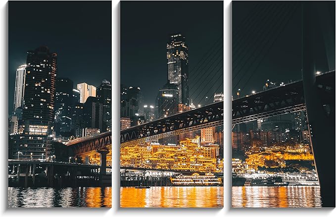 NAN Wind 3PCS Chongqing City Nightscape Canvas Wall Art Illuminated Chinese Skyline with Bridge Skyscrapers Modern Urban Landscape Photography Print for Living Room Office Bedroom Decor
