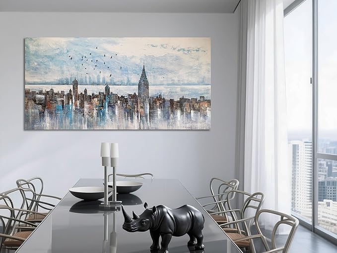 Arjun Cityscape Wall Art New York City Skyline Picture Modern Abstract Grey NYC Skyline Painting Framed Artwork for Bedroom Living Room Home Office Decor, Large 40"x20"