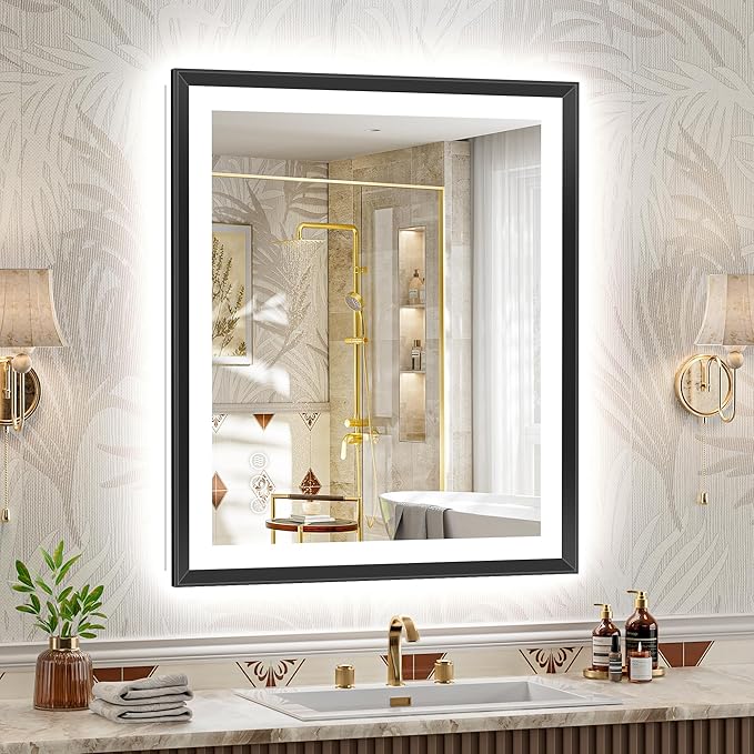 30x36 Black Framed Led Bathroom Mirror with Lights, Front Lit and Backlit, Lighted Vanity Mirror for Bathroom Wall, Anti-Fog, Dimmable, 3 Colors, Memory, HD Tempered Glass
