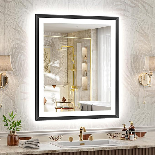 30x36 Black Framed Led Bathroom Mirror with Lights, Front Lit and Backlit, Lighted Vanity Mirror for Bathroom Wall, Anti-Fog, Dimmable, 3 Colors, Memory, HD Tempered Glass