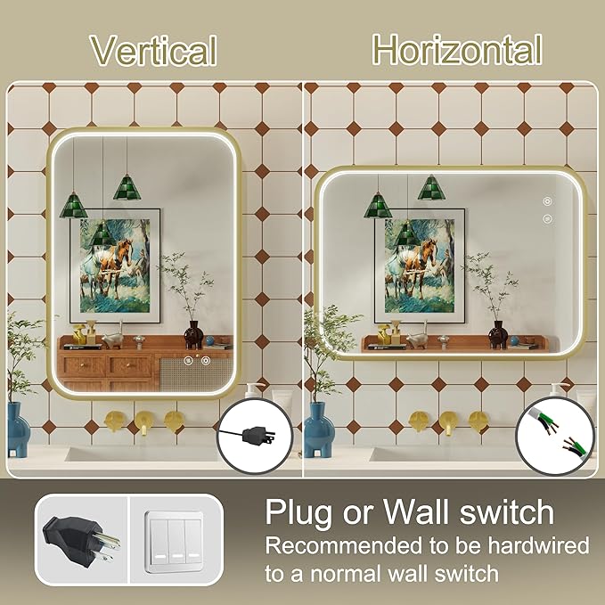 20x28 Inch Gold LED Bathroom Mirror with Lights, 3000K/4500K/6000K, Wall Mounted Framed Lighted Bathroom Vanity Mirrors, Anti-Fog, Stepless Dimmable, Memory Funtion, Horizontal/Vertical