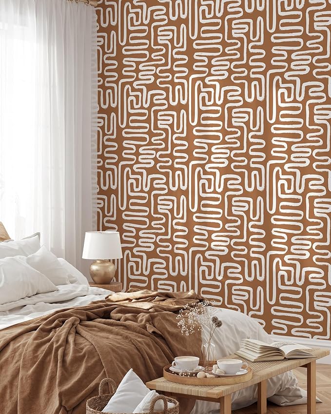 Minimalist Lines Wallpaper | Removable Self Adhesive Brown Boho Wallpaper | Geometrical Abstract Lines Peel and Stick Wallpaper (1 roll 24" W x 84" H)