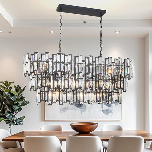 Rectangle Chandeliers for Dining Room - 17 Lights Rectangular Linear Chandeliers in Black