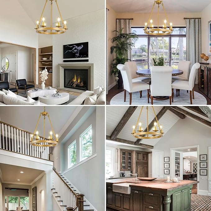 6-Light Gold Wagon Wheel Chandelier, Modern Farmhouse Chandelier Rustic Industrial Round Small Wagon Wheel Light for Dining Room, Kitchen, Bedroom, Living Room,Entryways