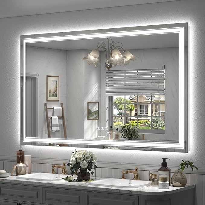 66x40 LED Bathroom Mirror, Lighted Mirror for Bathroom Wall, Backlit and Front lit, Dimmable, Anti-Fog, Shatterpoof, Memory (Horizontal/Vertical)