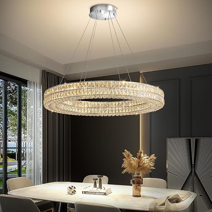 Led Ring Crystal Chandelier, Modern Dimmable Chandeliers Lighting and Hanging Adjustable, LED Round Ceiling Light for Dining Room Living Room 24" Silver