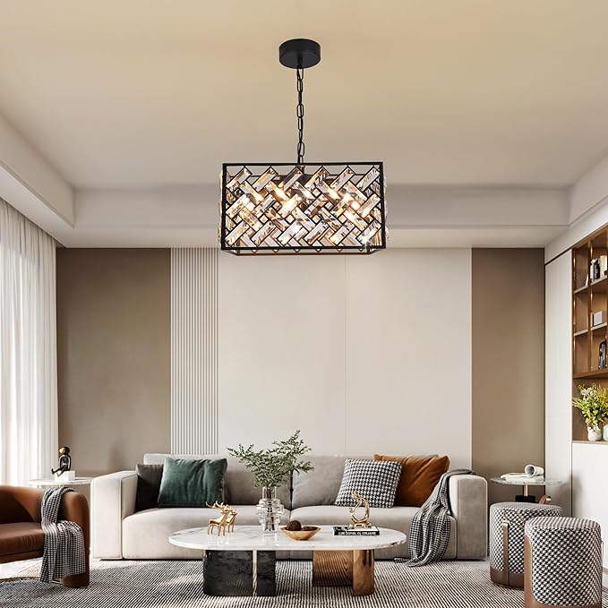 Modern Crystal Chandelier, 6-Light Black Chandeliers for Dining Room with Adjustable Chain, 51 Inch Ceiling Light Fixture for Bedroom, Foyer (Bulbs Not Included)