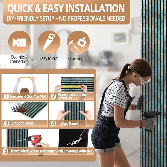 Acoustic Wood Slat Wall Panels - Antique Teal Rust Soundproof Paneling for Interior Wall Decor, Modern Design, 94" x 12", 4-Pack