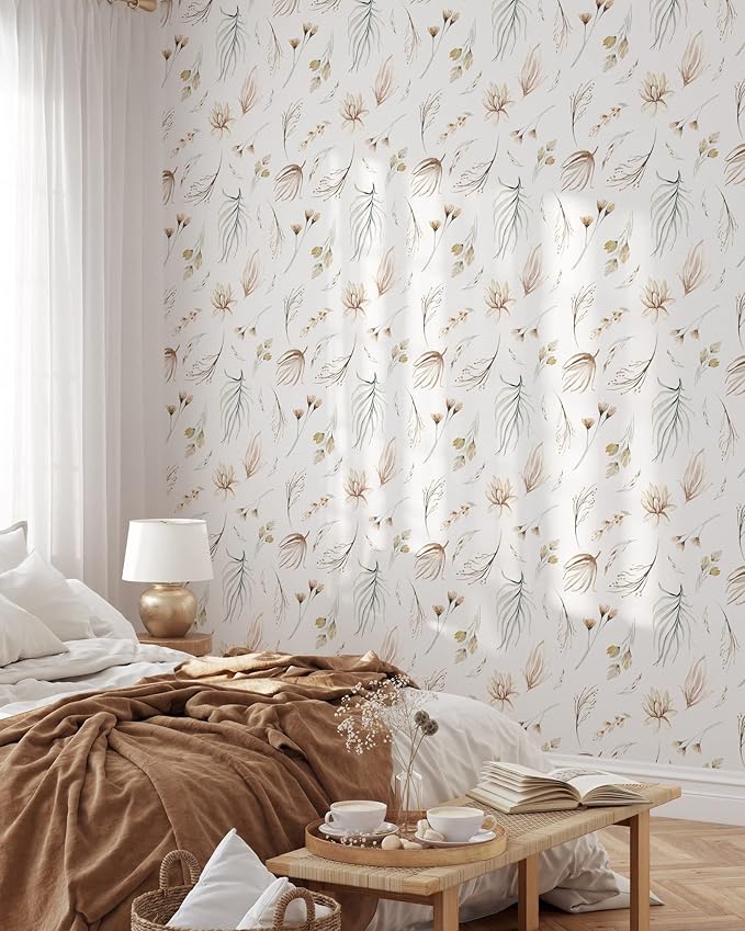Modern Botanical Wallpaper | Removable Self Adhesive Watercolor Wallpaper | Neutral Floral Peel and Stick (1 roll 24" W x 96" H)