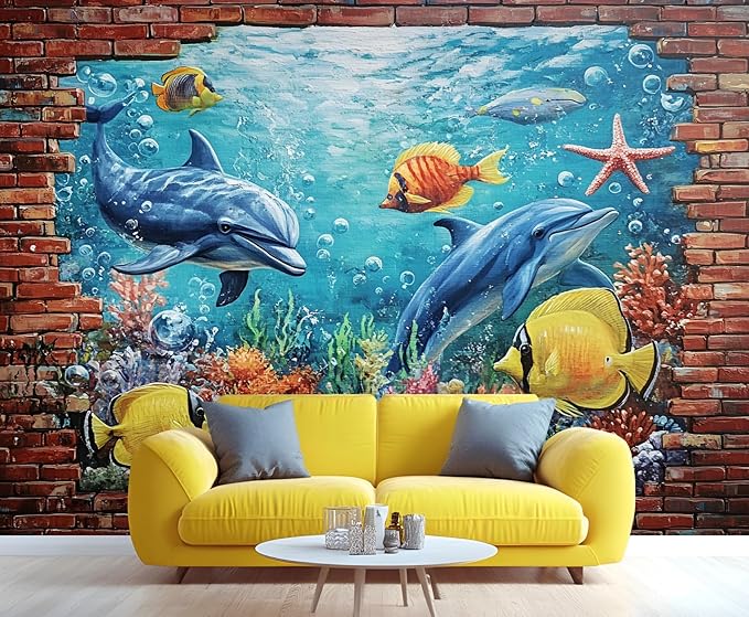Ocean World Mural Wallpaper, Cartoon Dolphin Murals, Coral Starfish Poster Murals Wallpaper for Living Room Bedroom Home Decor Mural - 169.3" W x 118.6" H (Not Peel Stick)