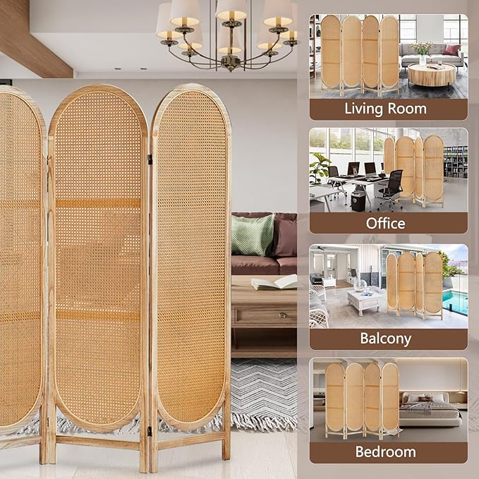 4 Panels Room Dividers Panel, Hand-Woven Rattan Room Divider Wall, Wood Room Divider and Folding Privacy Screens, Freestanding Room Partitions Screen for Home Office Bedroom, Light Brown