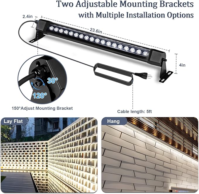 36W LED Wall Washer Light Bars, 2FT 5000K Daylight White Outdoor Wall Washer Light, 120V Waterproof IP67 Wall Wash Lights for Outdoor, Plug in (1 Pack)