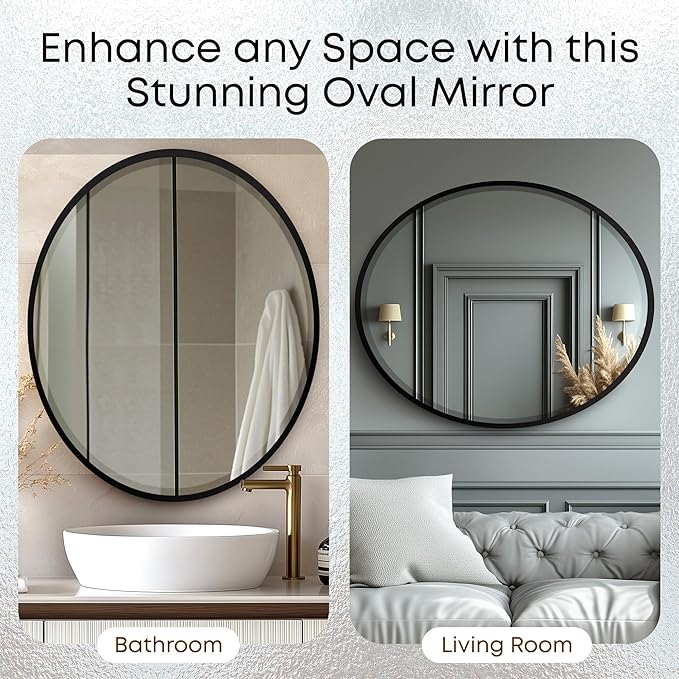 OVALCREST - Oval Wooden Beveled Wall Mirror for Home Decor, Bathroom, Vanity, Bedroom, Living Room, Hallway - London Style (Matte Black) 25.1 x 21.1