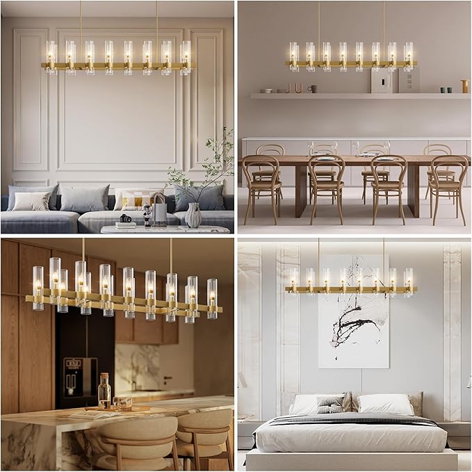 Brass Rectangle Kitchen Island Lights, Farmhouse Linear Rectangular Chandelier with Glass Shades, 16 Lights Gold Lighting Fixtures Industrial Pendant Light for Dining Room Over Table