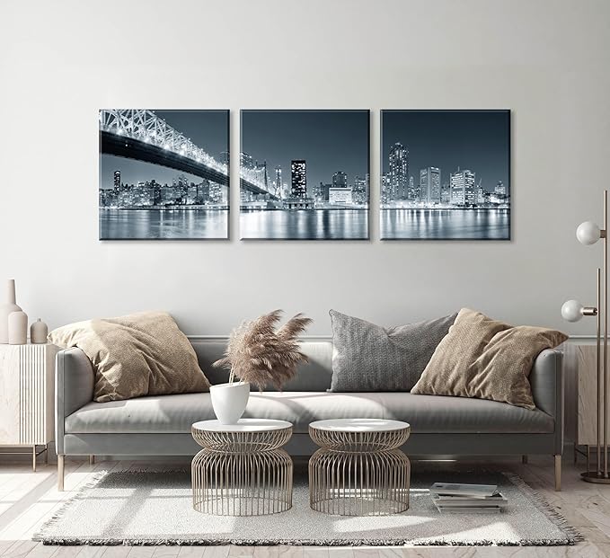 New York City Skyline Panoramic Canvas Art Black and White Brooklyn Bridge Night Scene 3 Panel Modern Urban Landscape Wall Decor Skyscrapers Reflection Print Living Room Office Bedroom Home Decoration
