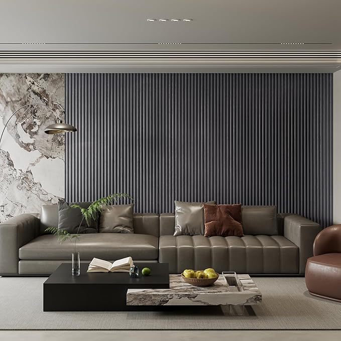 6-Pack Slat Wall Panel with 2 Trims Wood Grain Slat Wall 96" x 6.2" WPC Slats 3D Wall Panels Grey Grille