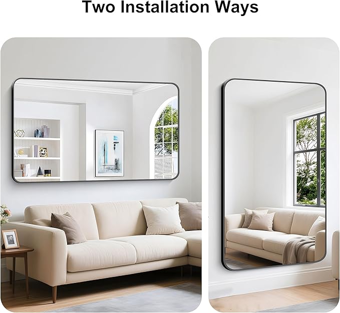 KOCUUY Black Bathroom Mirror 60"x36", Large Vanity Mirror with Rounded Corner, Metal Black Frame with Mordern Design for Bathroom, Living Room, Entryway, Hang Horizontal/Vertical