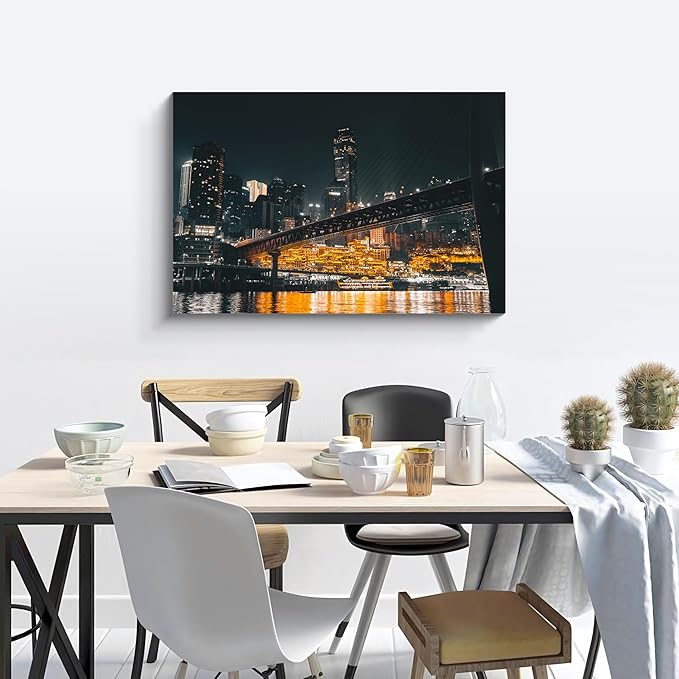 NAN Wind 1PCS Chongqing City Nightscape Canvas Wall Art Illuminated Chinese Skyline with Bridge Skyscrapers Modern Urban Landscape Photography Print for Living Room Office Bedroom Decor