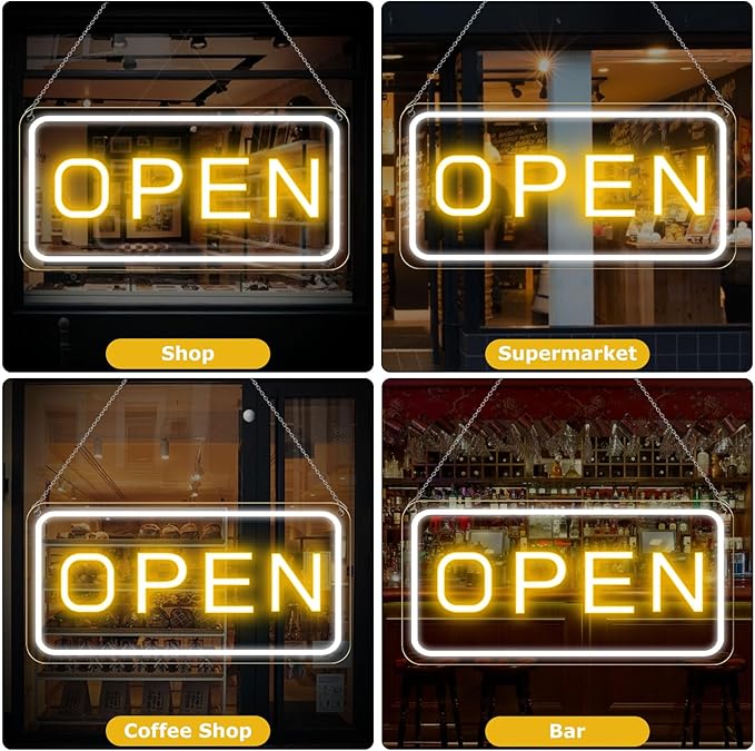 22.8"x 11.8" Ultra Bright 12V Neon Open Sign for Business, LED Open Neon Sign, Electric Light up Signs for Stores, Restaurants Offices Retail Shops Window (Yellow-White-Horizontal)
