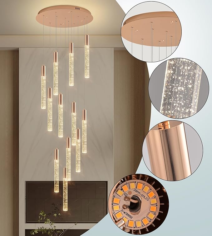 12-Lights High Ceiling Crystal Chandelier, Modern Large LED Raindrop Pendant Light Fixture 99" H Flush Mount Chandelier Gold for Foyer Staircase Villa Living Room