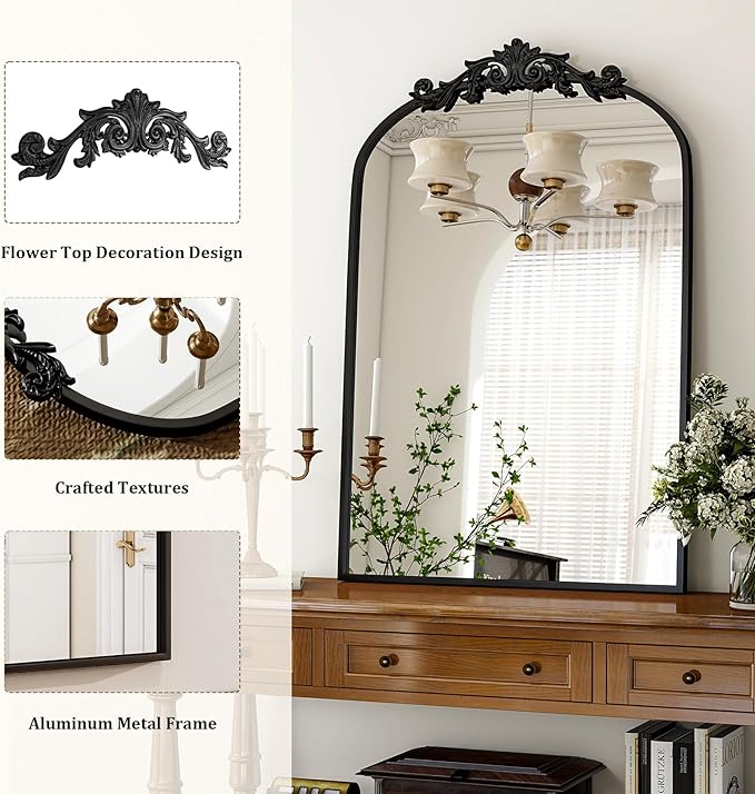 BEAUTYPEAK 20x30 Arched Mirror, Black Traditional Vintage Ornate Baroque Wall Mirror for Bathroom, Bedroom, Hallway, or Fireplace Decor