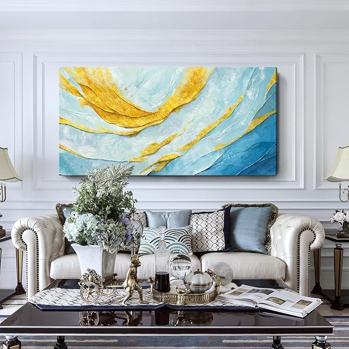 Nicetop Extra Large Abstract Canvas Wall Art for Living Room – Oversized Blue and Yellow Art Print Modern Horizontal Contemporary Artwork Coastal Wall Picture Bedroom Home Office Decor 58x29 Inch