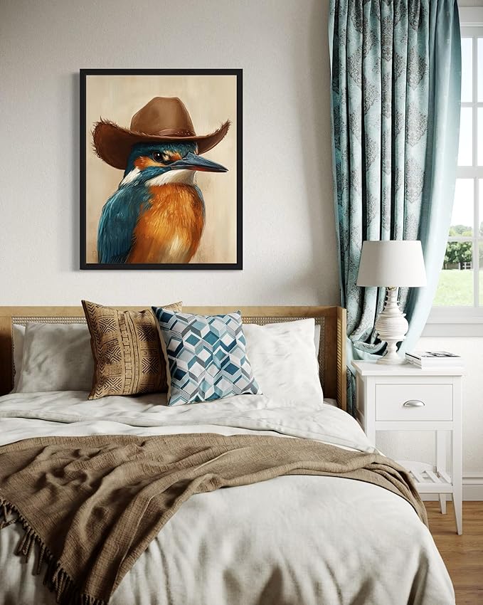 Kingfisher Cowboy Art Print Poster Wall Art, Western Country Farmhouse Wild West for Bedroom, Bathroom, Living Room Art Decor 58 (Kingfisher, 11 x 14 inches, Black Frame)
