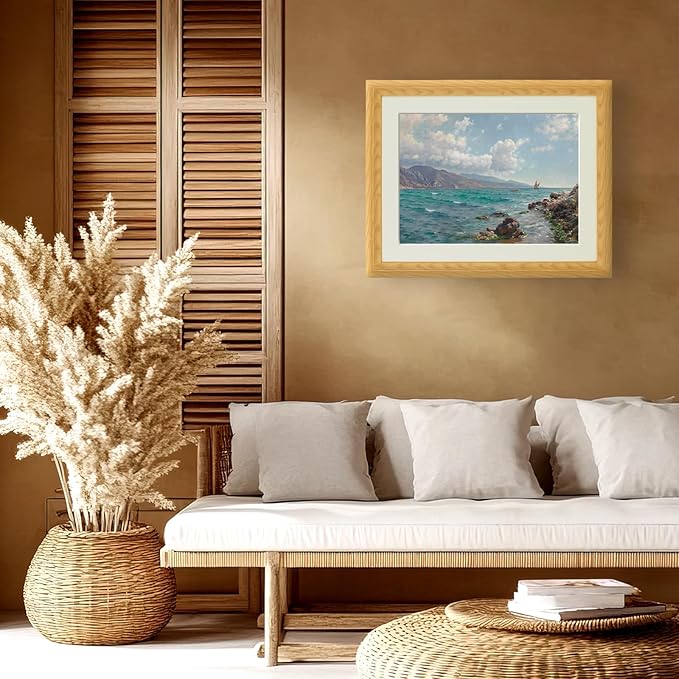 Brivoria Framed Coastal Canvas Wall Art Gallery Decor 16x20 Inch Faux Wood Frame with Mat for Living Room Office or Guest Room Display Statement Gallery Coastal Print – Rocky Coast