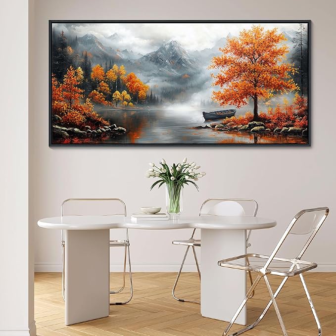 JEAWA Large Framed Canvas Painting - Landscape Wall Decor Ready to Hang, Majestic Mountain Picture, Orange Trees by the Lake Art Prints for Bedroom Living Room Home Decoration, 29x58 IN