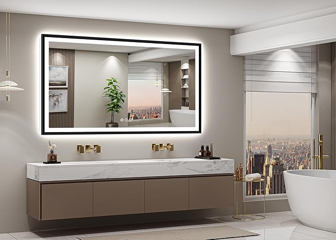 72x40 Black Framed Led Bathroom Mirror with Lights, Front Lit and Backlit, Lighted Vanity Mirror for Bathroom Wall, Anti-Fog, Dimmable, 3 Colors, Memory, HD Tempered Glass