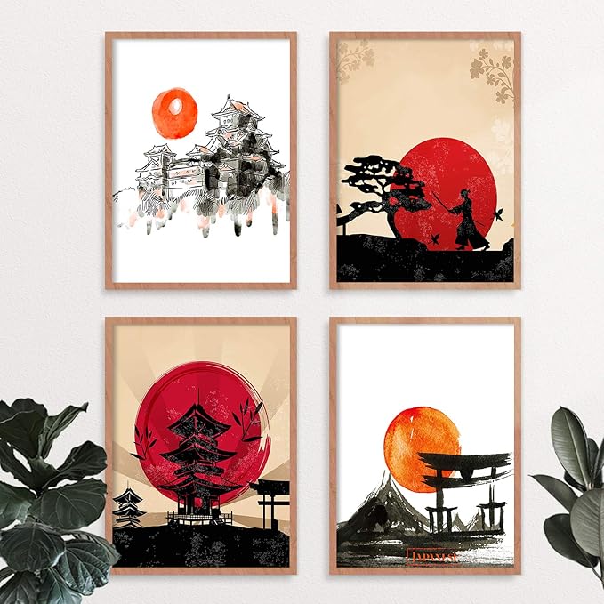 YUMKNOW Japanese Art Wall Decor - Unframed 8x10 Set of 4, Modern Minimalist Asian Oriental Decor for Living Room, Samurai Armor Warriors Prints Posters for Bedroom, Japan Red White Art Office Gifts