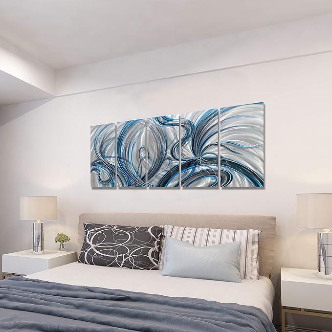 BATRENDY ARTS Large Silver Metal Wall Art Handmade Contemporary Abstract Lines Blue and Black Home Decor Painting for Bedroom