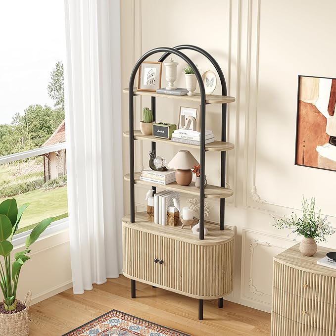 71" Tall Bookshelf, Bookcase, 4-Tier Book Shelf with Storage Cabinet, Curved Metal Frame Bookcase, Freestanding Industrial Storage Display Shelving for Living Room Office Bedroom, Natural