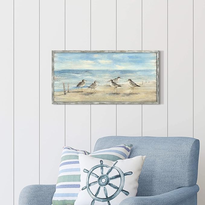 Beach Framed Painting Wall Decor: Abstract Ocean Wall Art Coastal Oil Painting Style Seagulls Picture Printed on Wood Seascape Artwork for Office 24"x12"