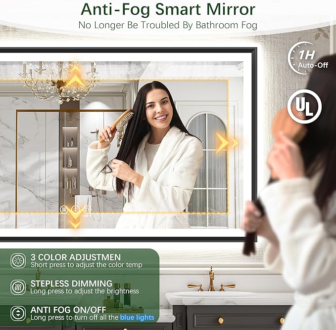 51x32 Black Framed Led Bathroom Mirror with Lights, Front Lit and Backlit, Lighted Vanity Mirror for Bathroom Wall, Anti-Fog, Dimmable, 3 Colors, Memory, HD Tempered Glass