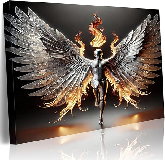 3D Metal Angel Wall Art Mural Futurism Poster Cybernetics Wing Warriors Canvas Printed Images Science Fiction Robot Artwork with Wings of Fire Modern Fantasy Gallery Decoration, Living Room Bedroom Office Manhole 16x24 inches