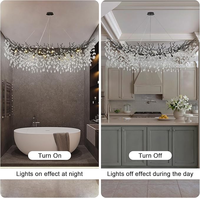 Large Modern Farmhouse Crystal Chandelier, 63" Black Tree Branch Chandelier Antique Vintage Chandeliers for Dining Room 16-Light High Ceiling Chandeliers Dining Room Light Fixture