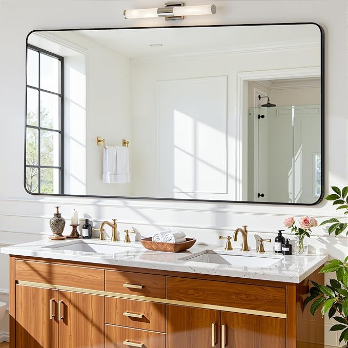Antok Wall Mirror, 30"x55" Bathroom Vanity Mirror, Anti-Rust HD Tempered Glass, Wall Mounted Mirrors for Living Room, Entryway, Black Frame, Rect